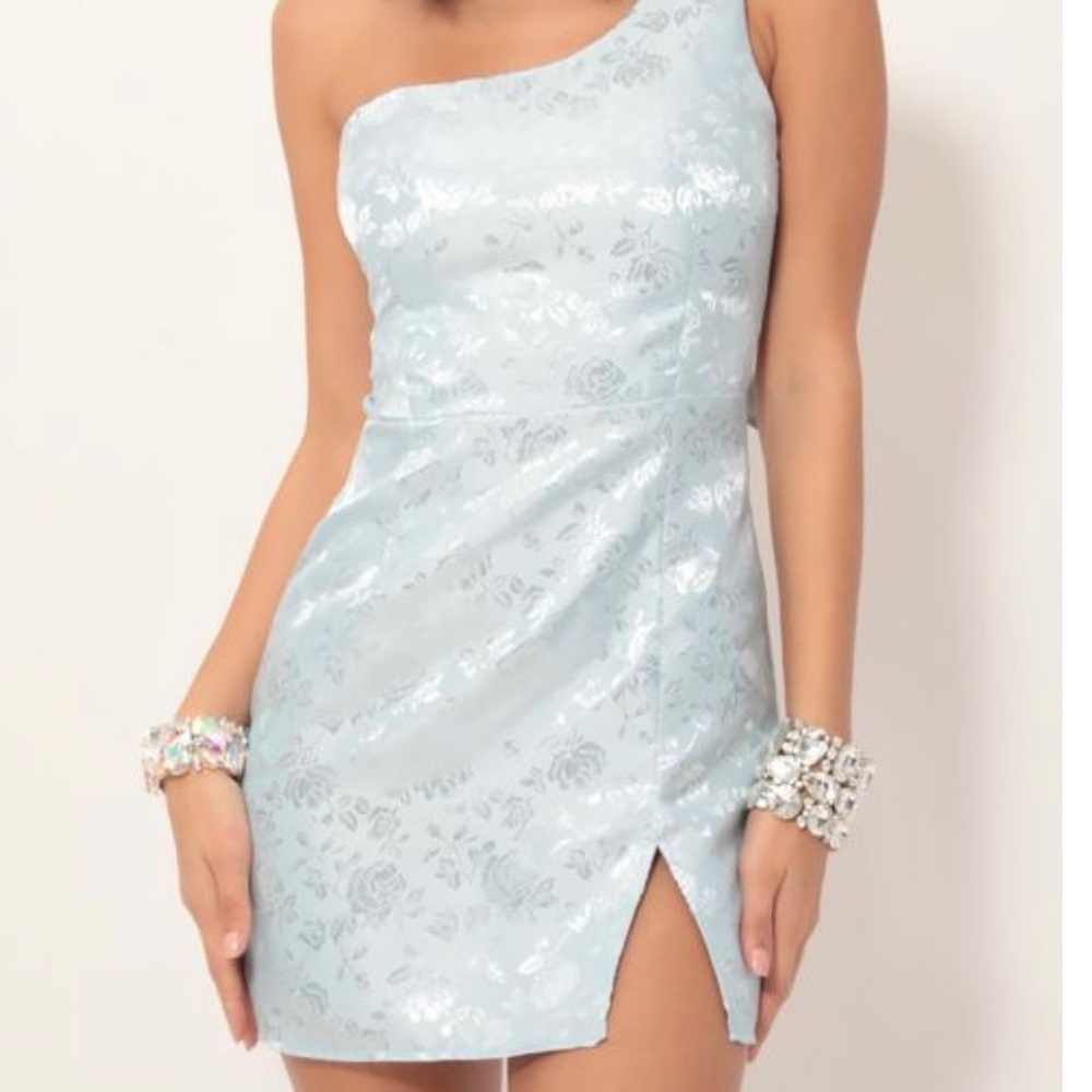 Liana Satin Jacquard Shoulder Dress in Blue